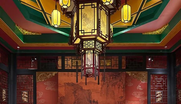 Lanterns over a lacquered dining room